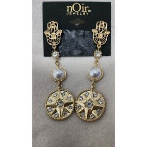 GOLD NOIR HAMSA PEARL RHINESTONE DANGLE EARRINGS